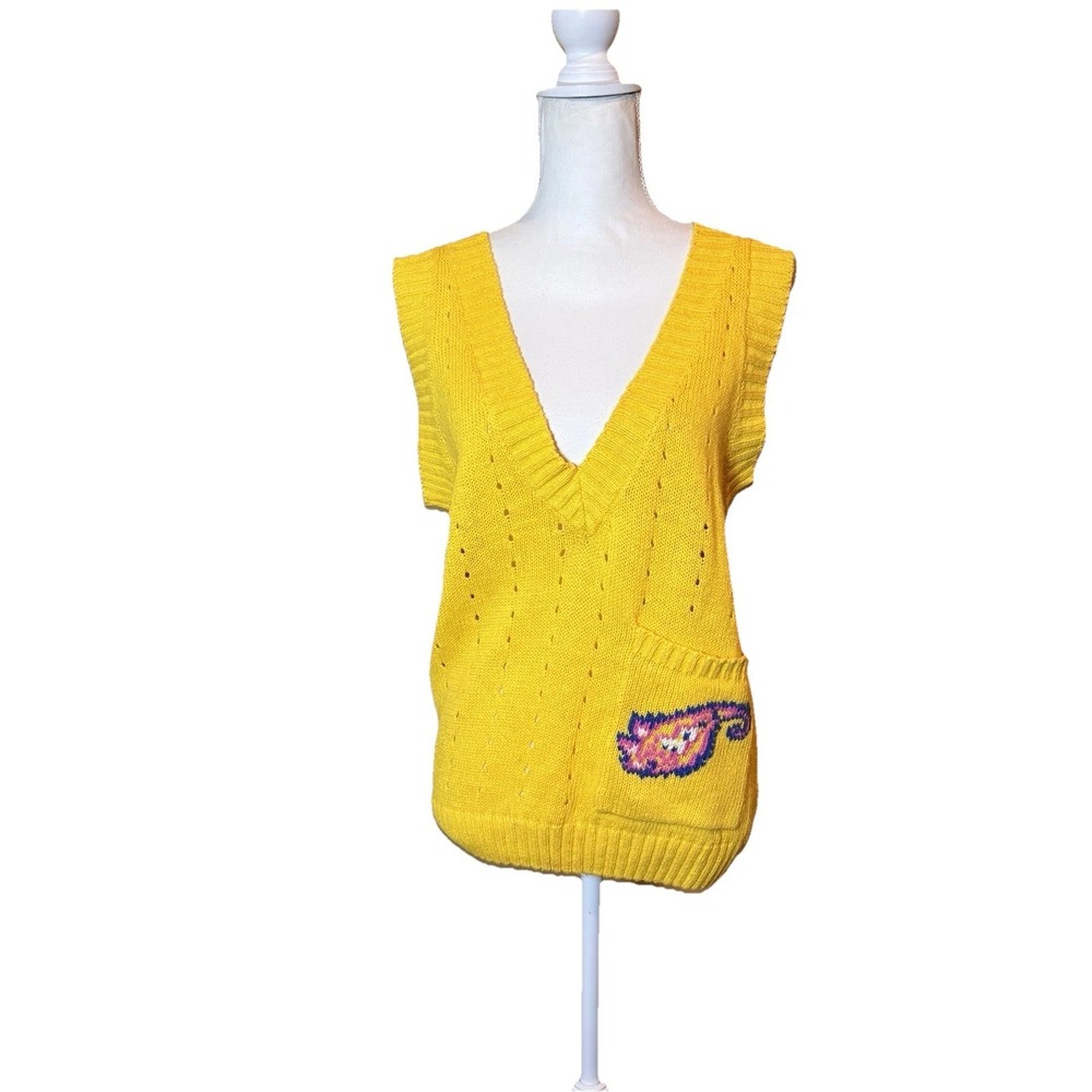 Jack Winter Sweater Vest Yellow Paisley Pocket‎ Knit Women's Size Small Vintage